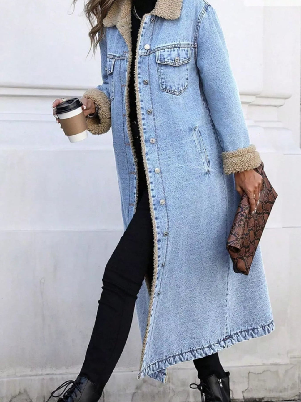 Sherpa Lined Longline Denim Jacket - Lara Moda