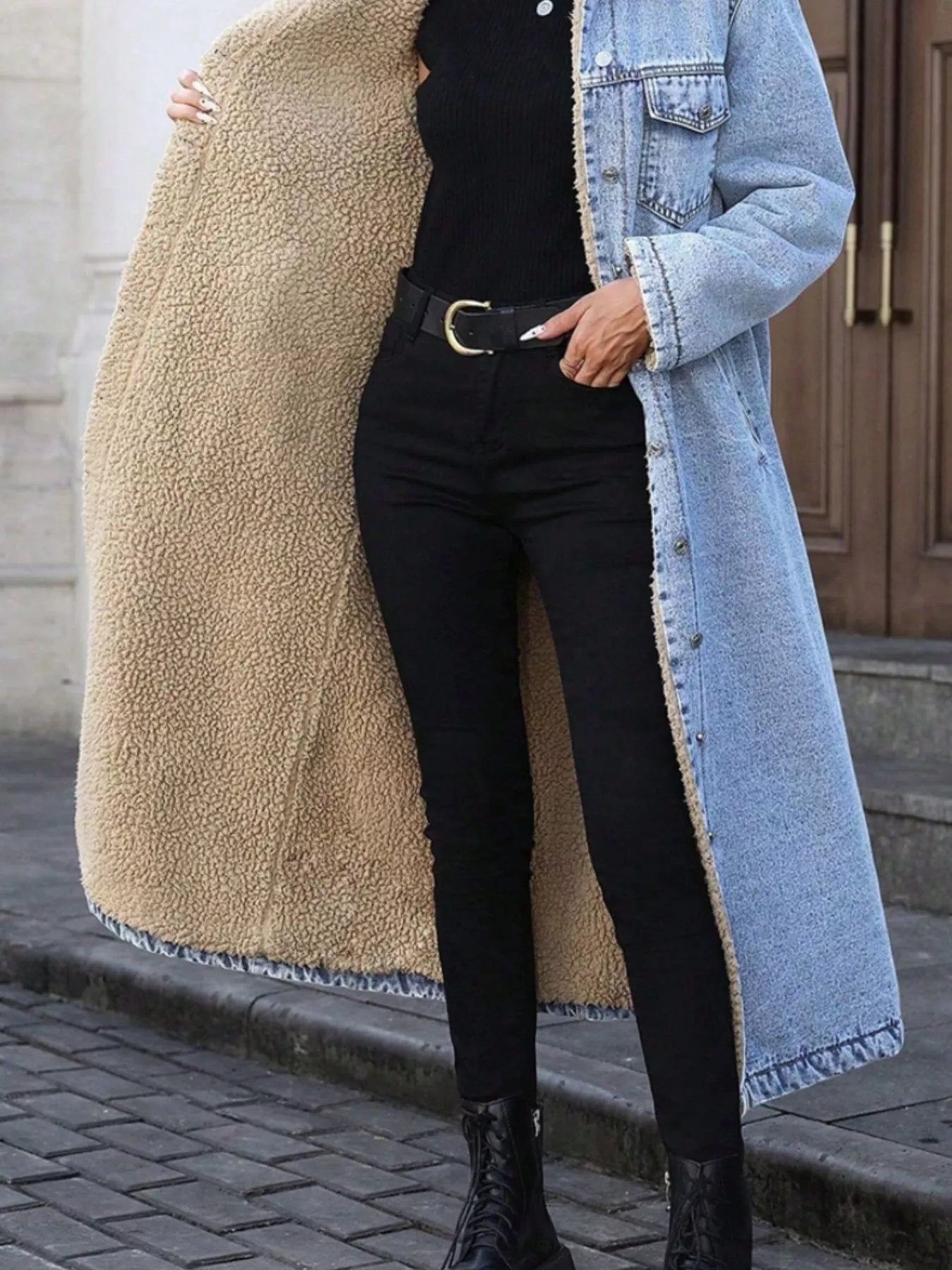 Sherpa Lined Longline Denim Jacket - Lara Moda