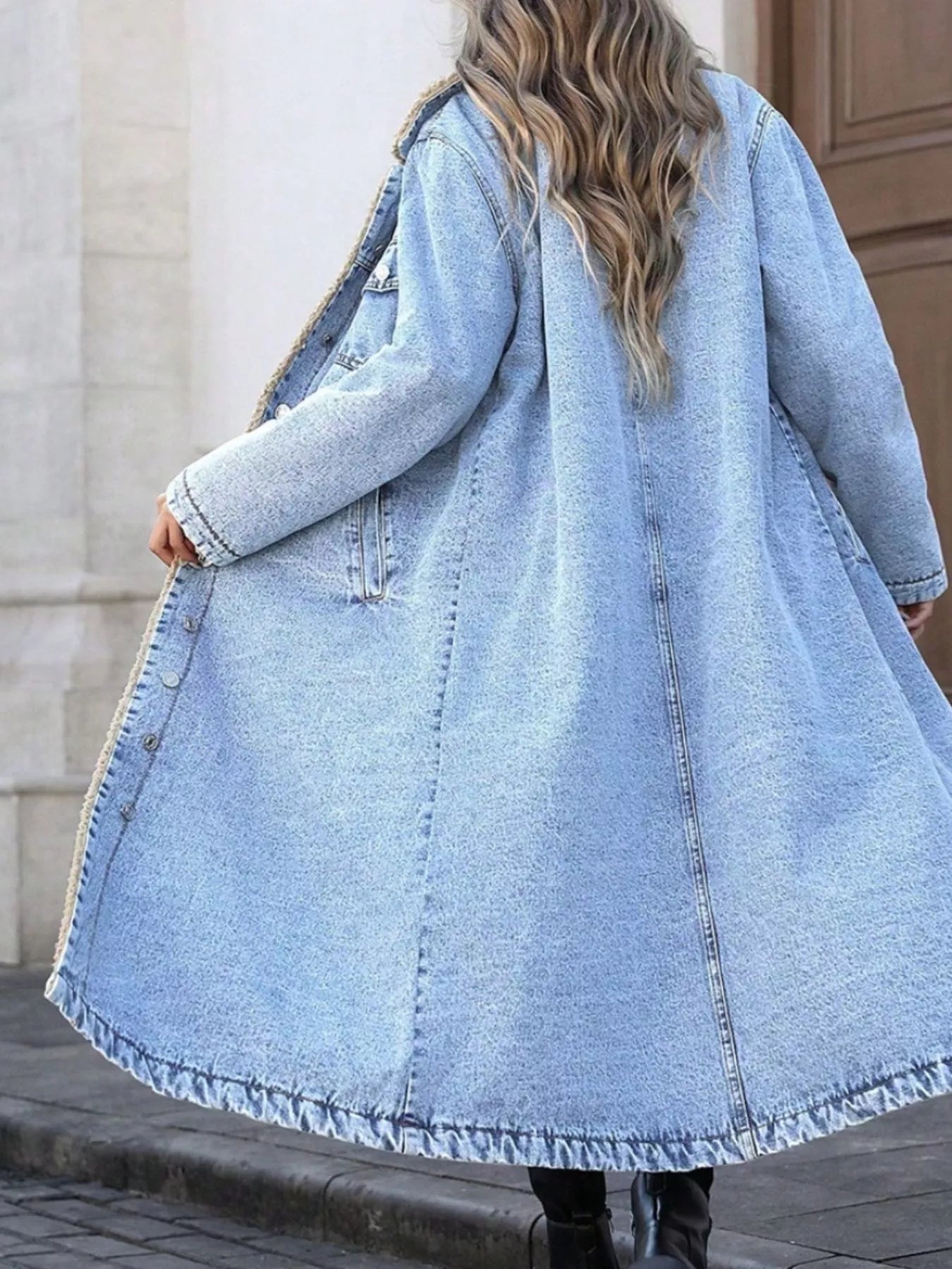Sherpa Lined Longline Denim Jacket - Lara Moda