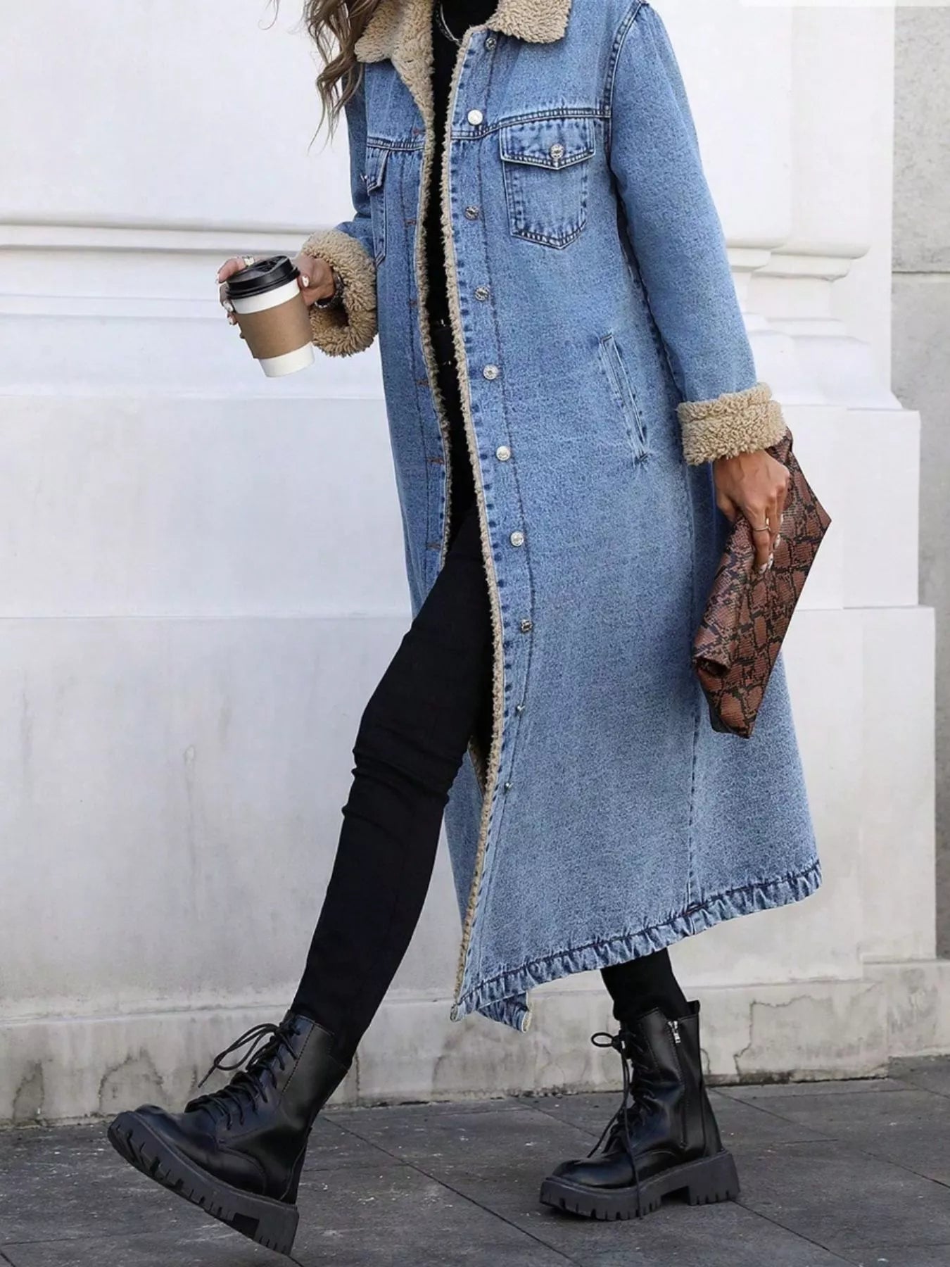 Sherpa Lined Longline Denim Jacket - Lara Moda