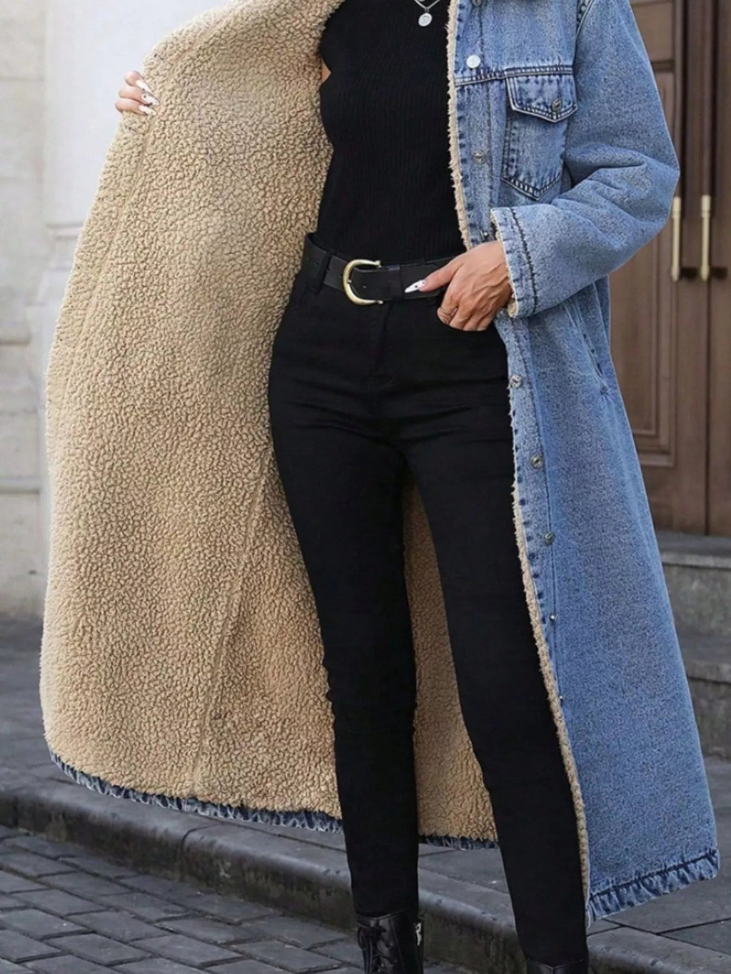 Sherpa Lined Longline Denim Jacket - Lara Moda