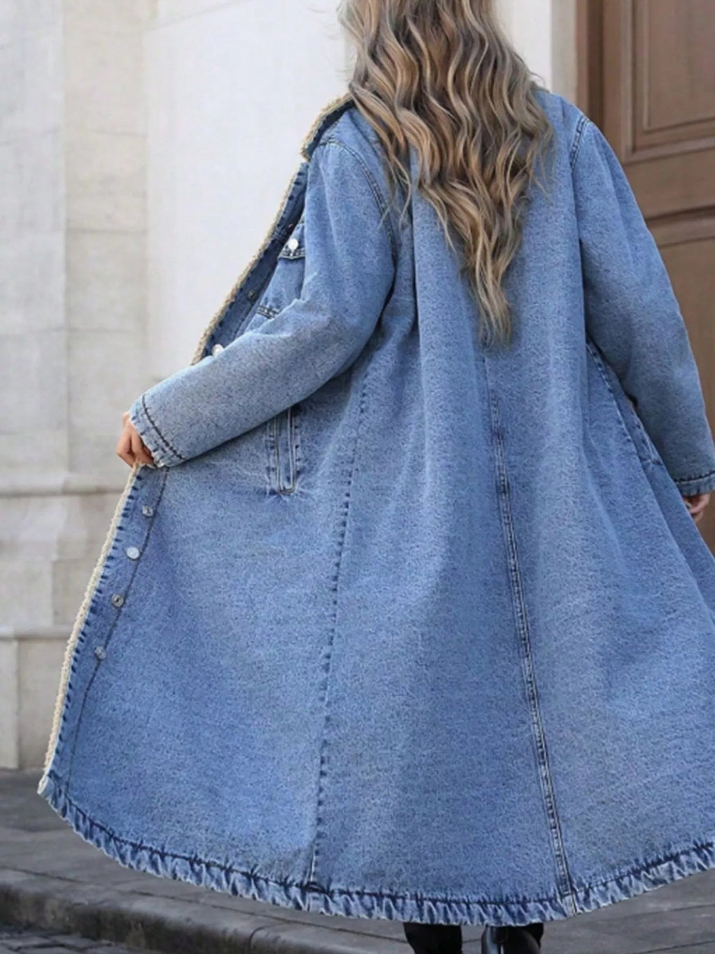 Sherpa Lined Longline Denim Jacket - Lara Moda