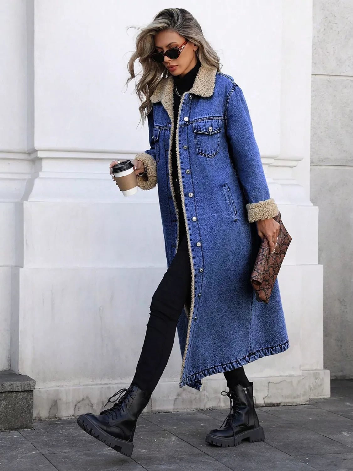 Sherpa Lined Longline Denim Jacket - Lara Moda