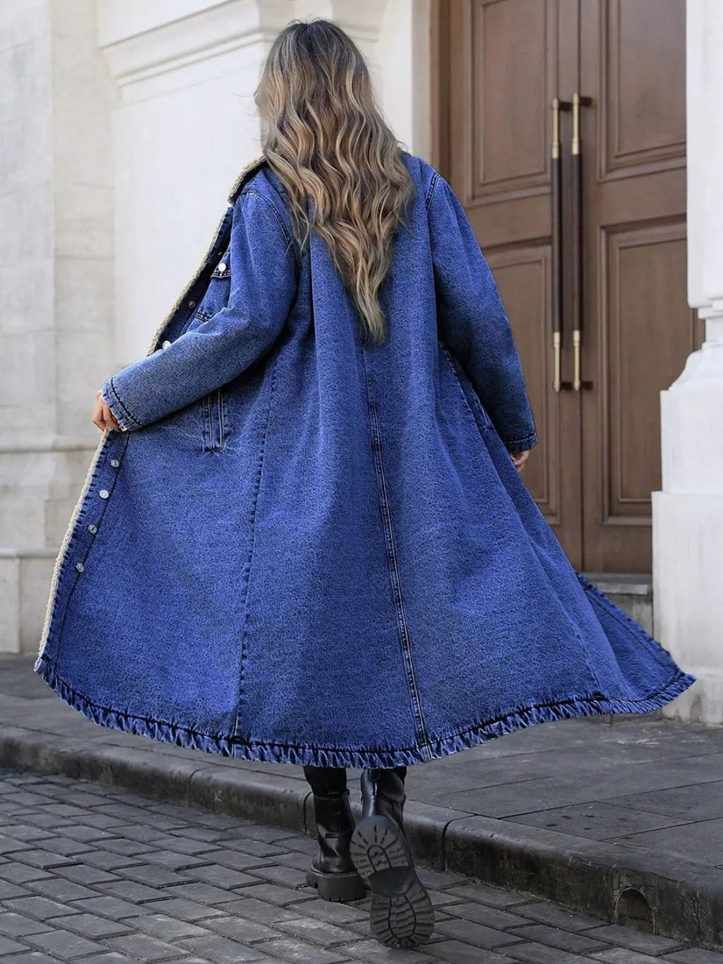 Sherpa Lined Longline Denim Jacket - Lara Moda