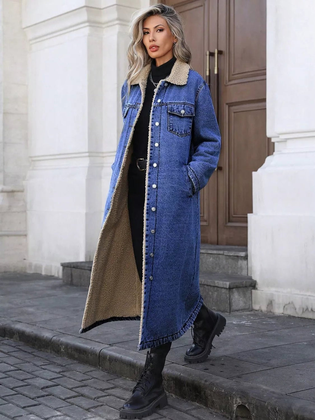 Sherpa Lined Longline Denim Jacket - Lara Moda