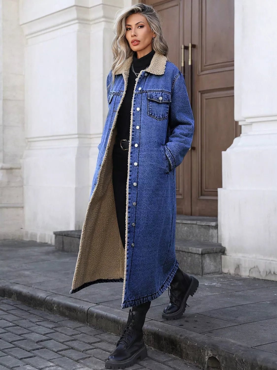Sherpa Lined Longline Denim Jacket - Lara Moda
