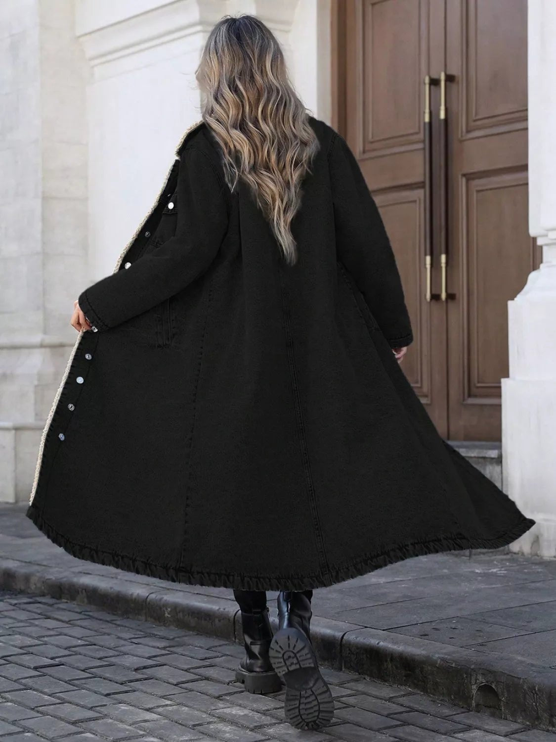 Sherpa Lined Longline Denim Jacket - Lara Moda