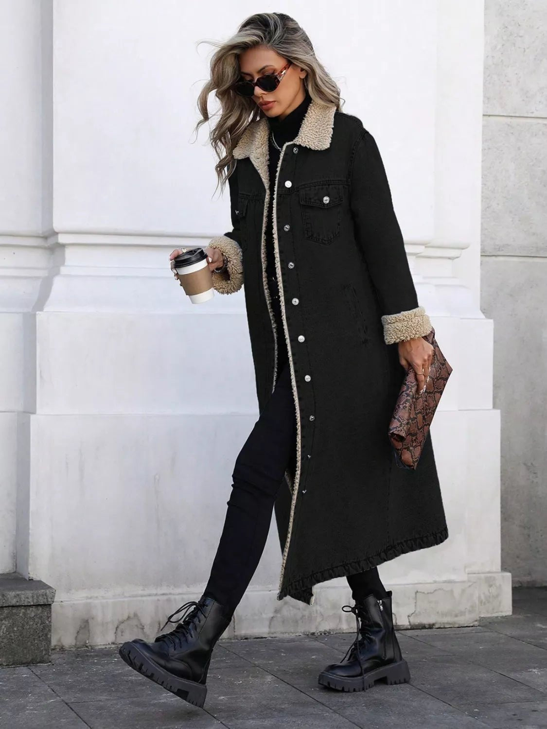 Sherpa Lined Longline Denim Jacket - Lara Moda