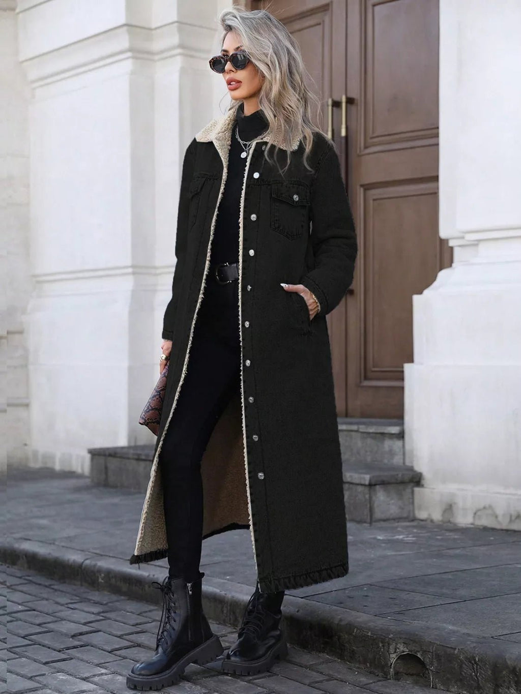 Sherpa Lined Longline Denim Jacket - Lara Moda