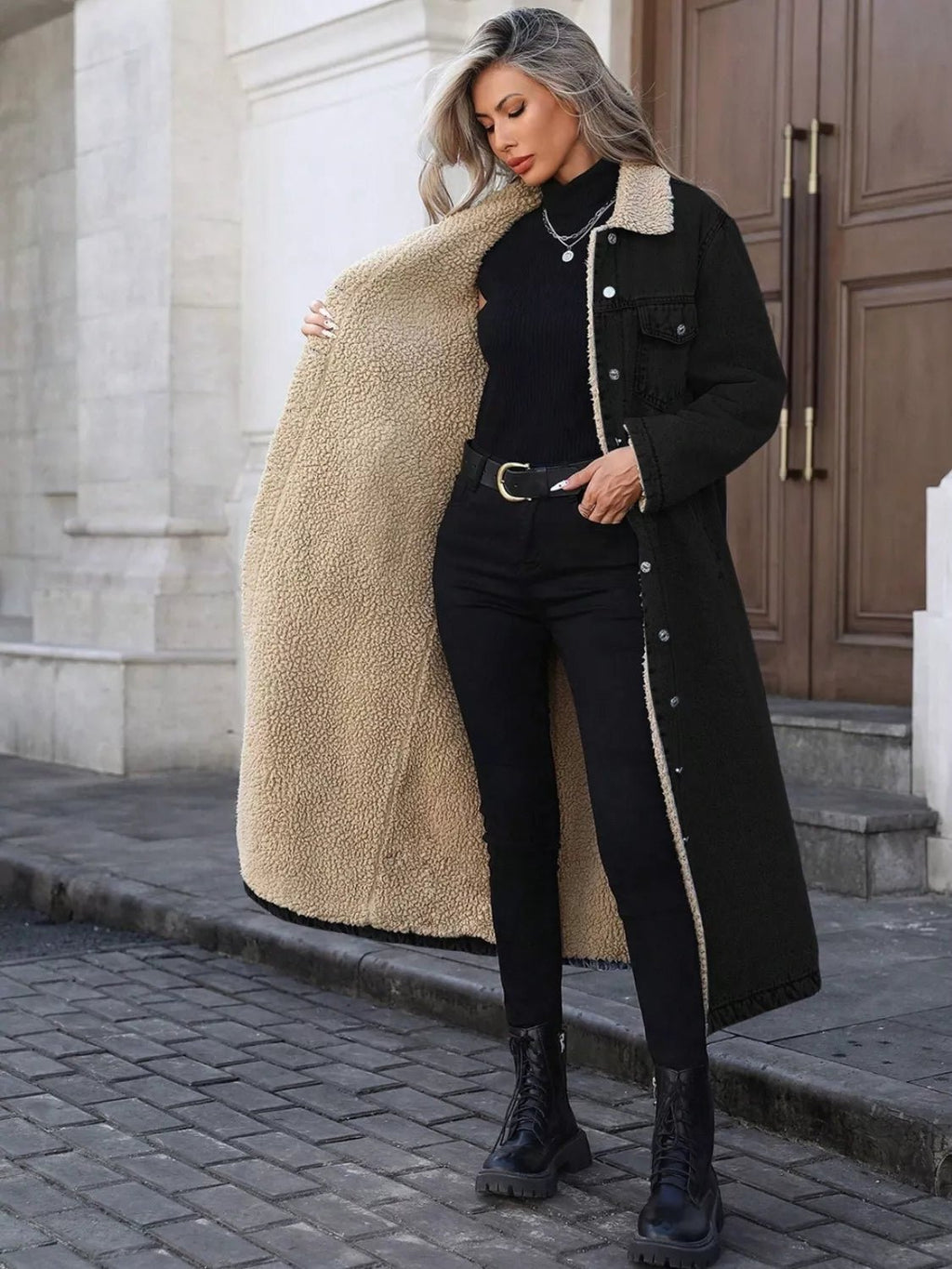 Sherpa Lined Longline Denim Jacket - Lara Moda