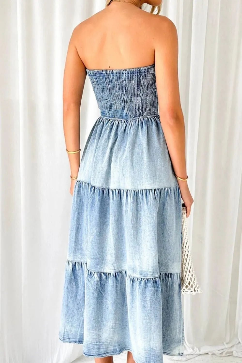 Smocked Tube Slit Tiered Denim Dress - Lara-moda store