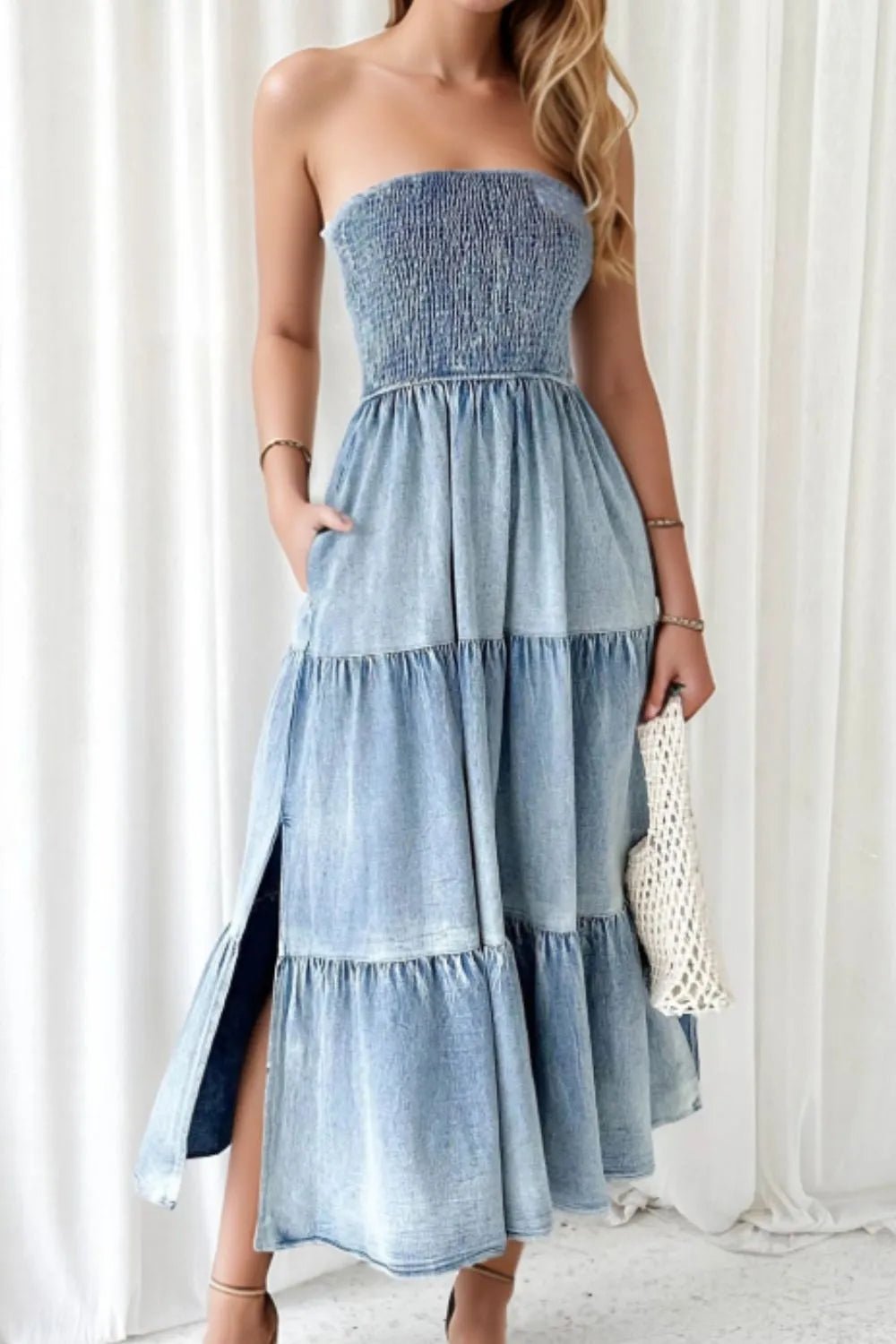 Smocked Tube Slit Tiered Denim Dress - Lara-moda store
