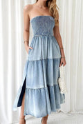 Smocked Tube Slit Tiered Denim Dress - Lara-moda store