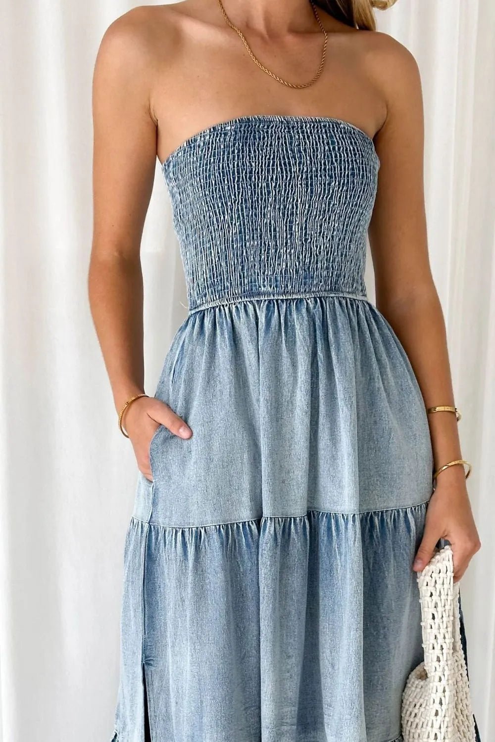 Smocked Tube Slit Tiered Denim Dress - Lara-moda store