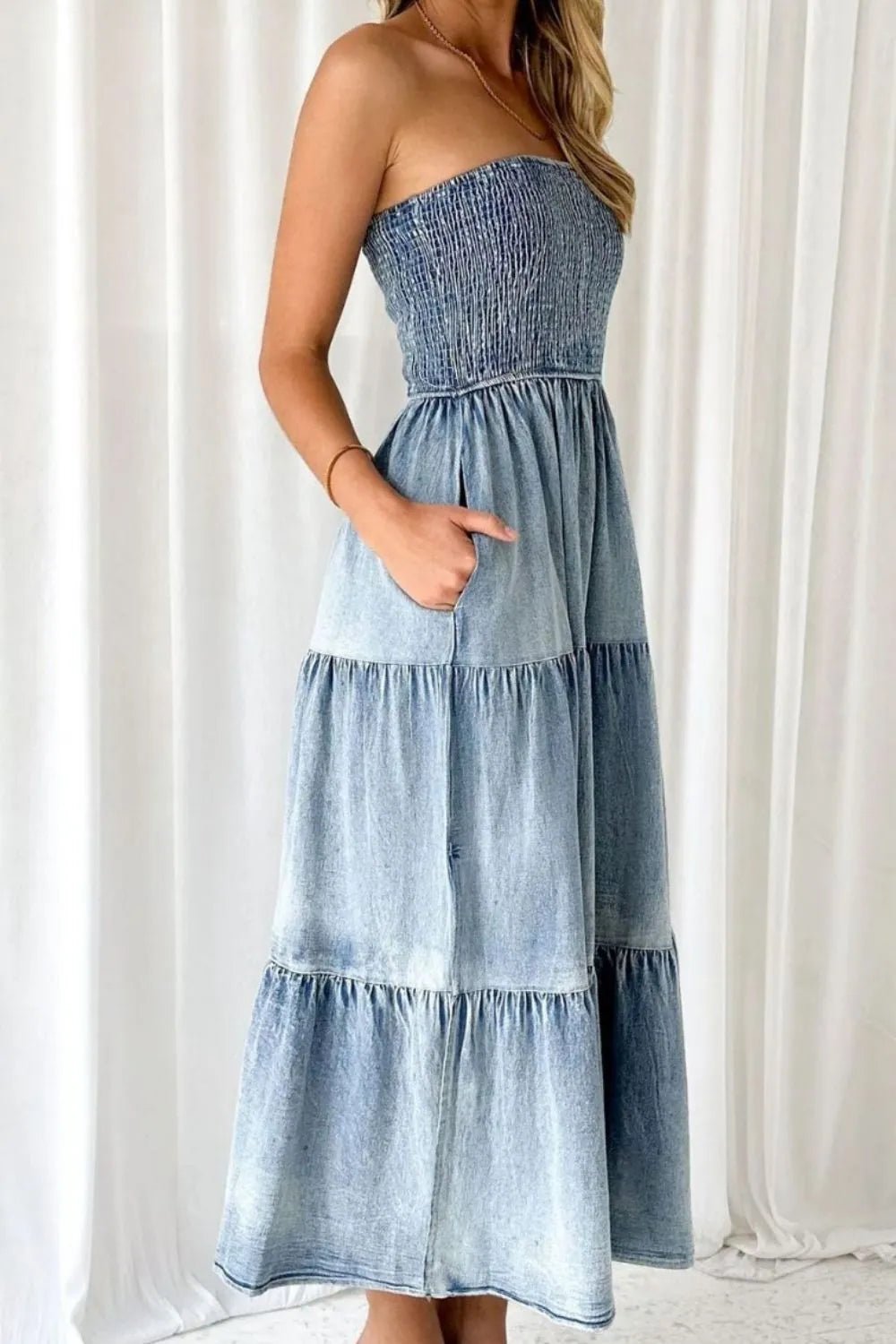 Smocked Tube Slit Tiered Denim Dress - Lara-moda store