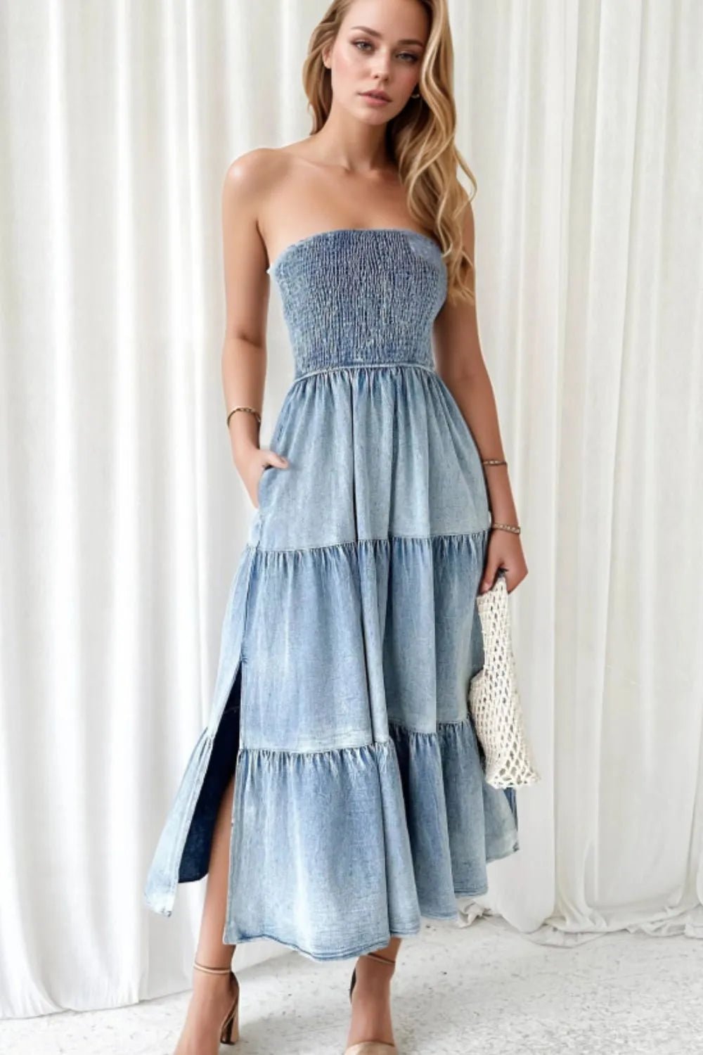 Smocked Tube Slit Tiered Denim Dress - Lara-moda store