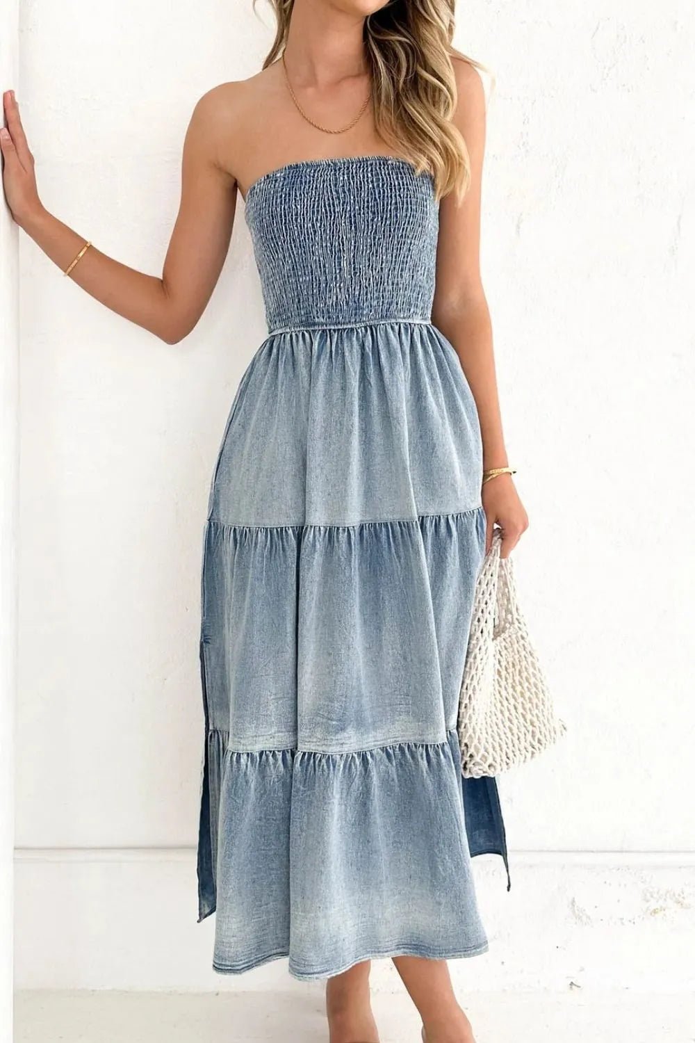 Smocked Tube Slit Tiered Denim Dress - Lara-moda store