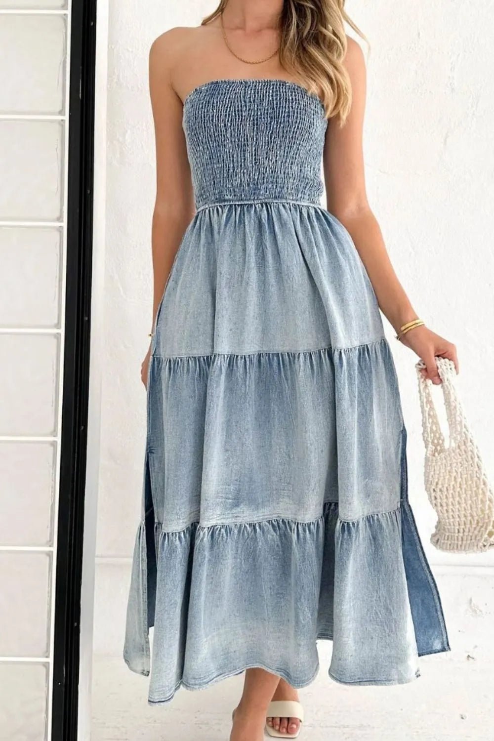 Smocked Tube Slit Tiered Denim Dress - Lara-moda store