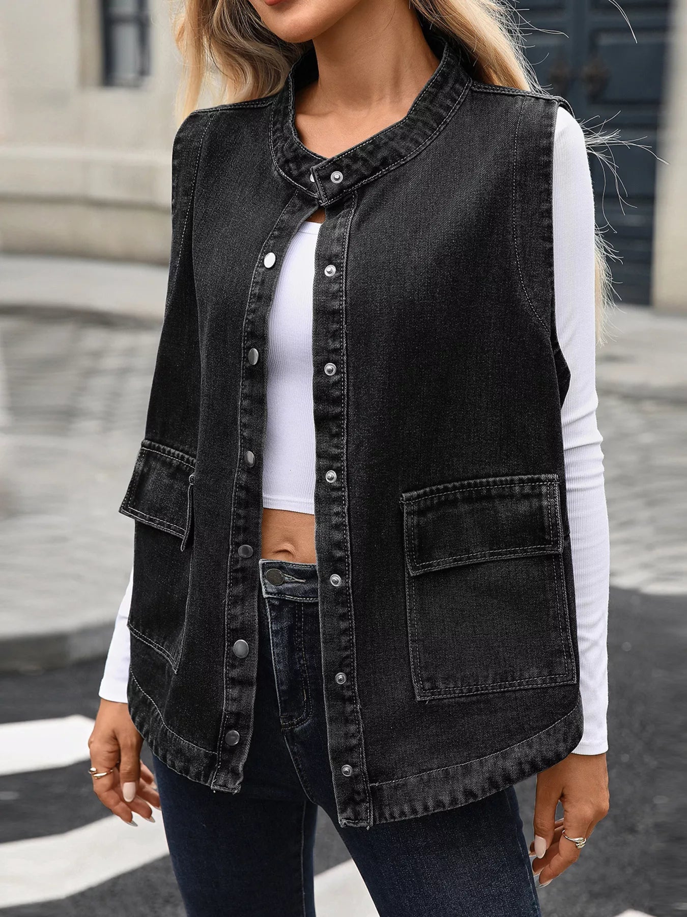Snap Down Sleeveless Denim Jacket - Lara Moda