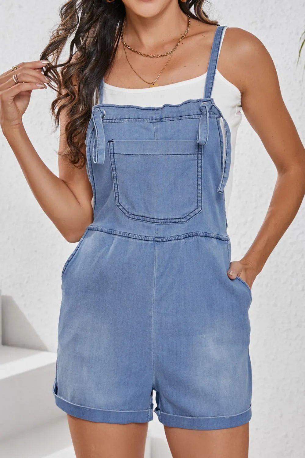 Square Neck Denim Overalls with Pockets - Lara Moda