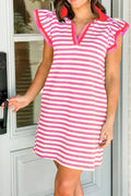 Stripe Print Contrast Collar Split Neck Flutter Sleeve Dress - Lara Moda