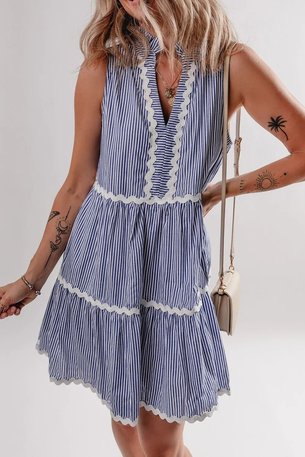 Stripe Sleeveless Notched Ric Rac Mini Dress - Lara-moda store