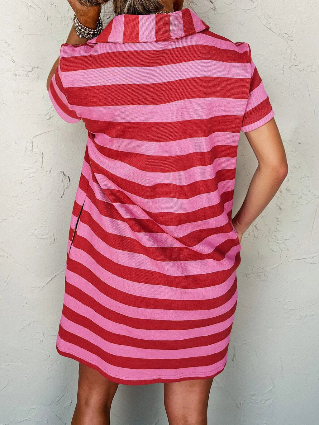 Striped Johnny Collar Short Sleeve Dress - Lara-moda store