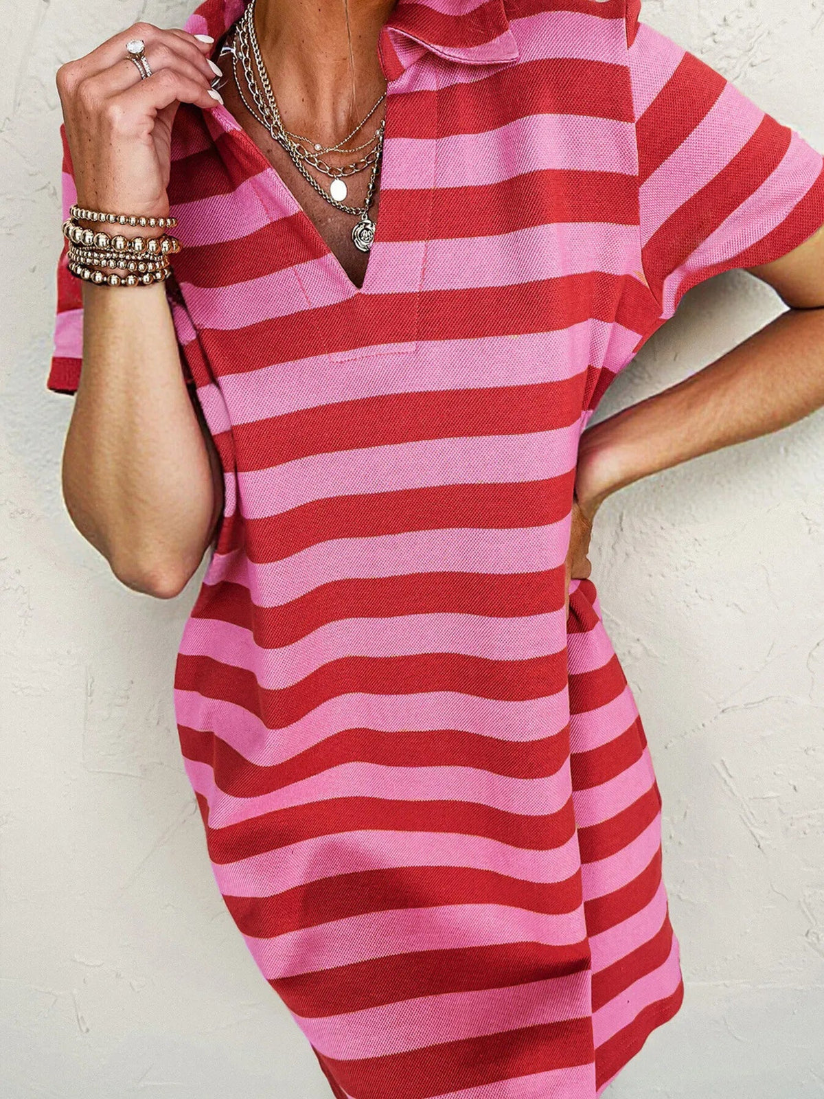 Striped Johnny Collar Short Sleeve Dress - Lara-moda store