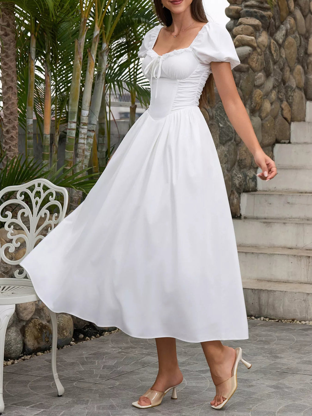 Sweetheart Neck Puff Sleeve Midi Dress - Lara Moda