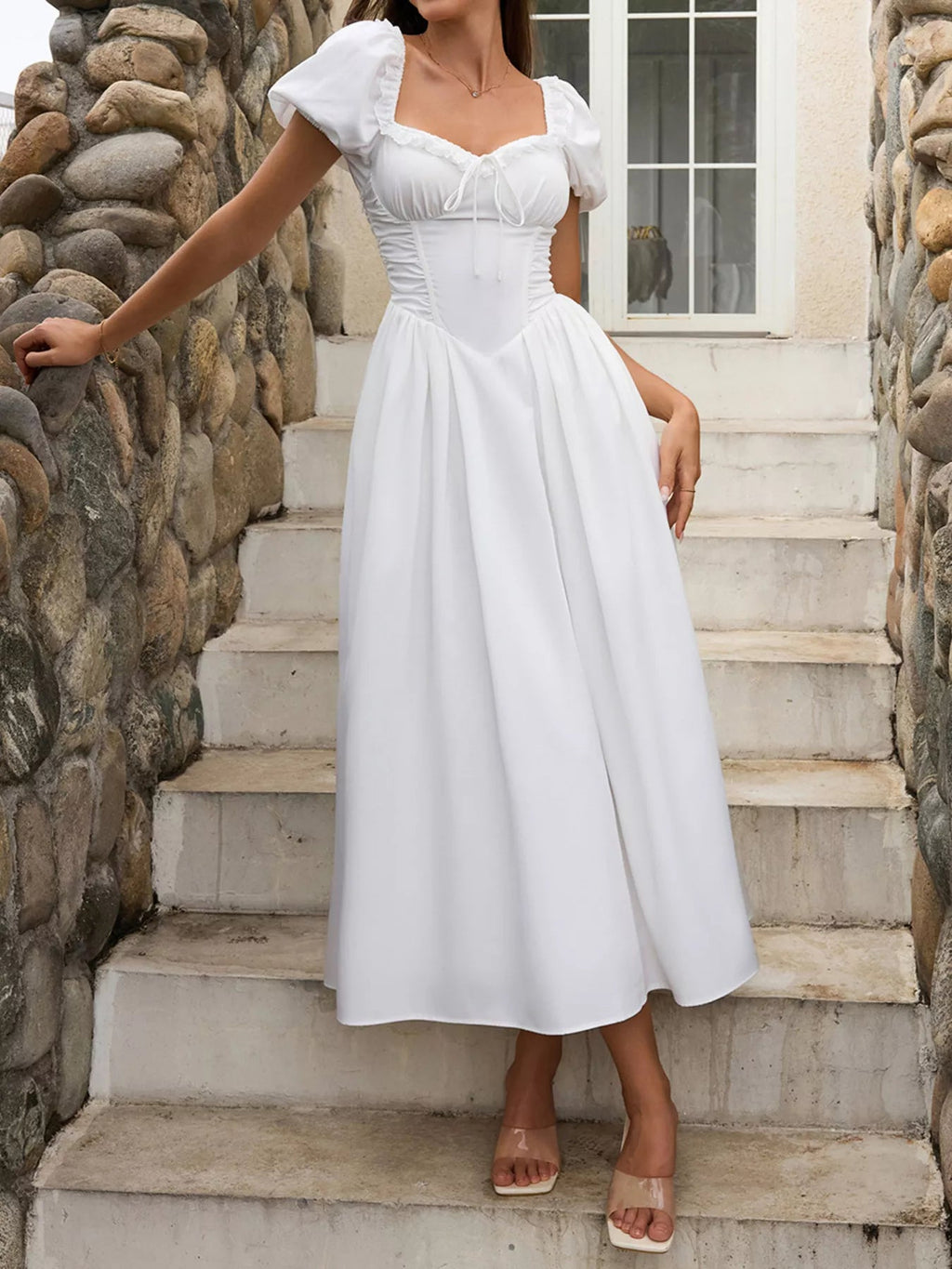 Sweetheart Neck Puff Sleeve Midi Dress - Lara Moda