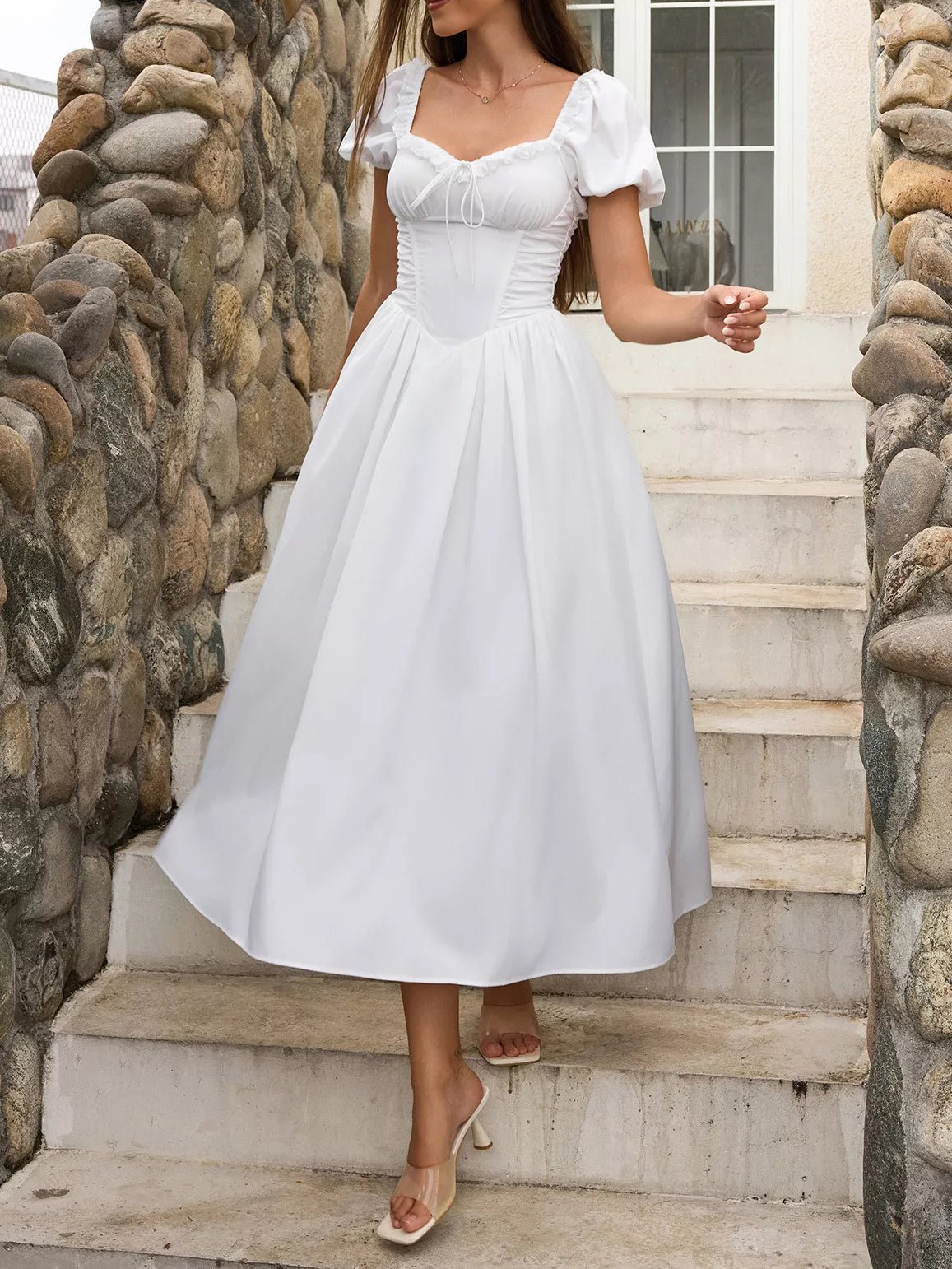 Sweetheart Neck Puff Sleeve Midi Dress - Lara Moda
