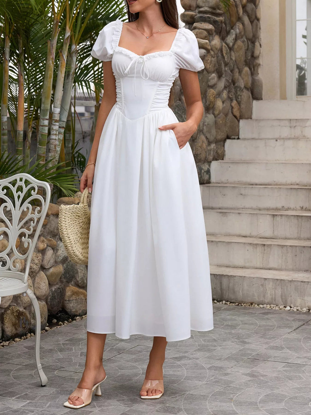 Sweetheart Neck Puff Sleeve Midi Dress - Lara Moda