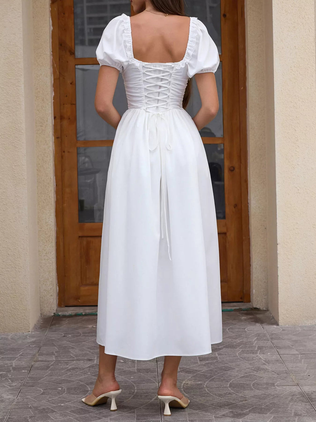 Sweetheart Neck Puff Sleeve Midi Dress - Lara Moda