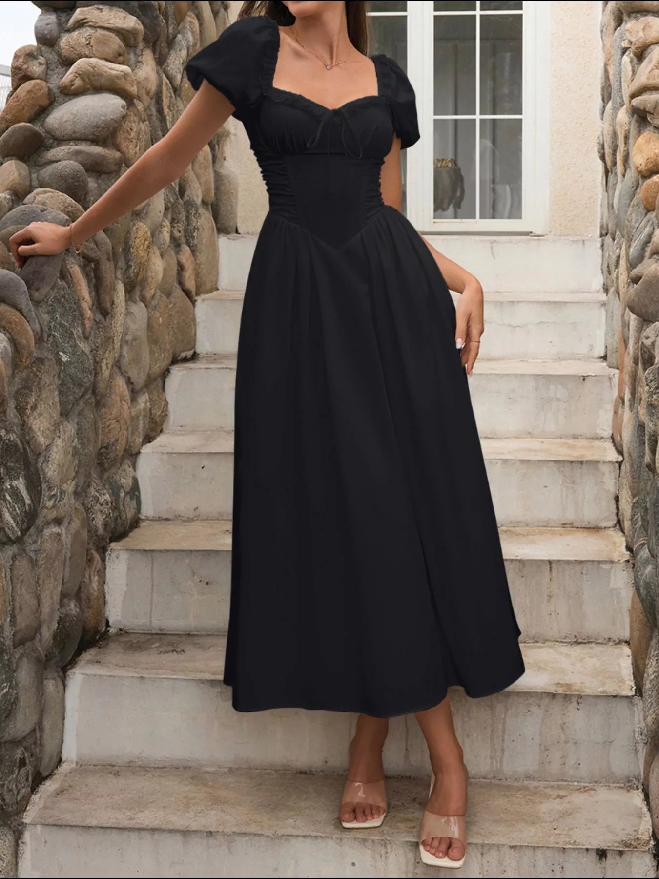 Sweetheart Neck Puff Sleeve Midi Dress - Lara Moda