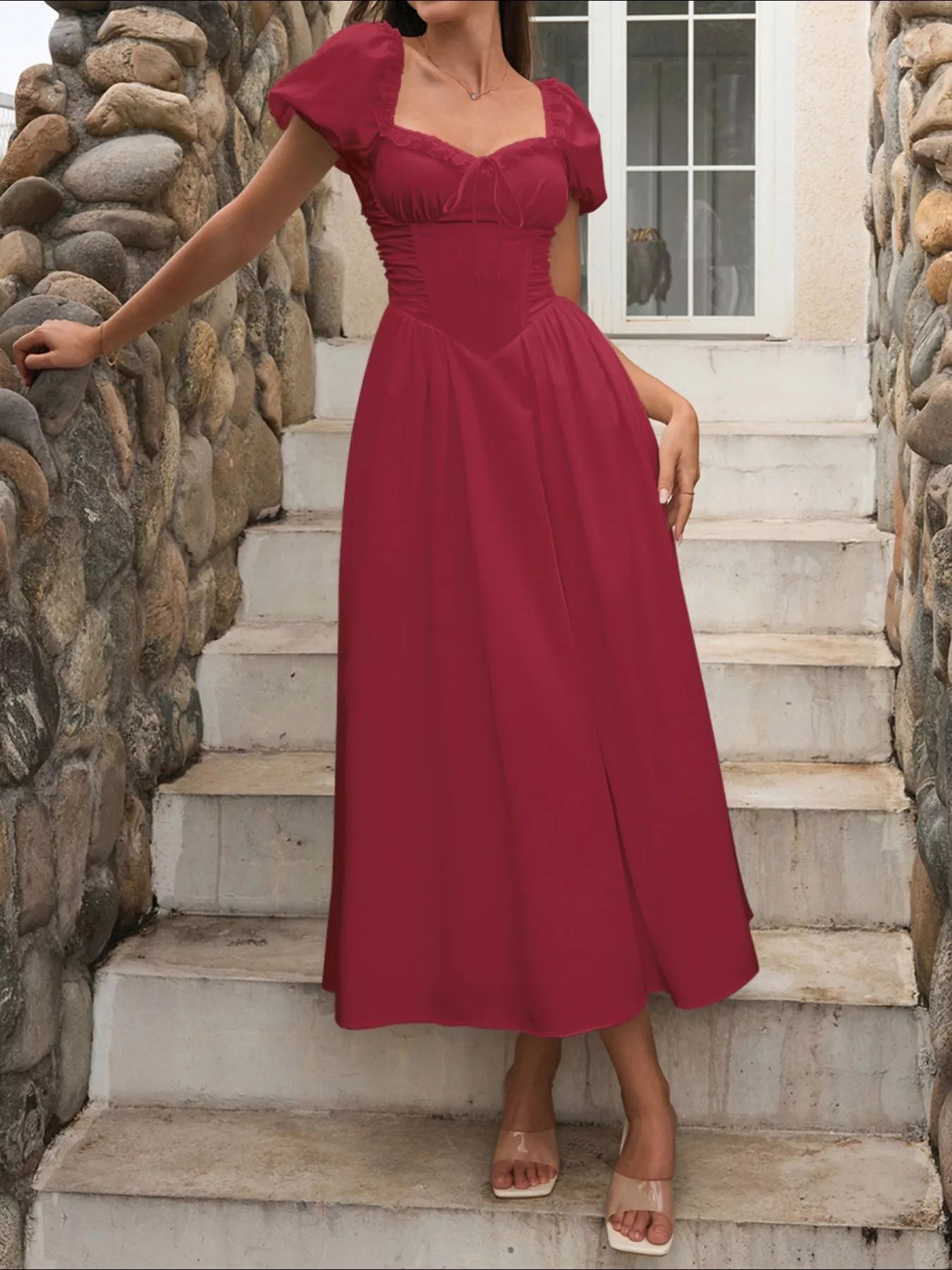 Sweetheart Neck Puff Sleeve Midi Dress - Lara Moda
