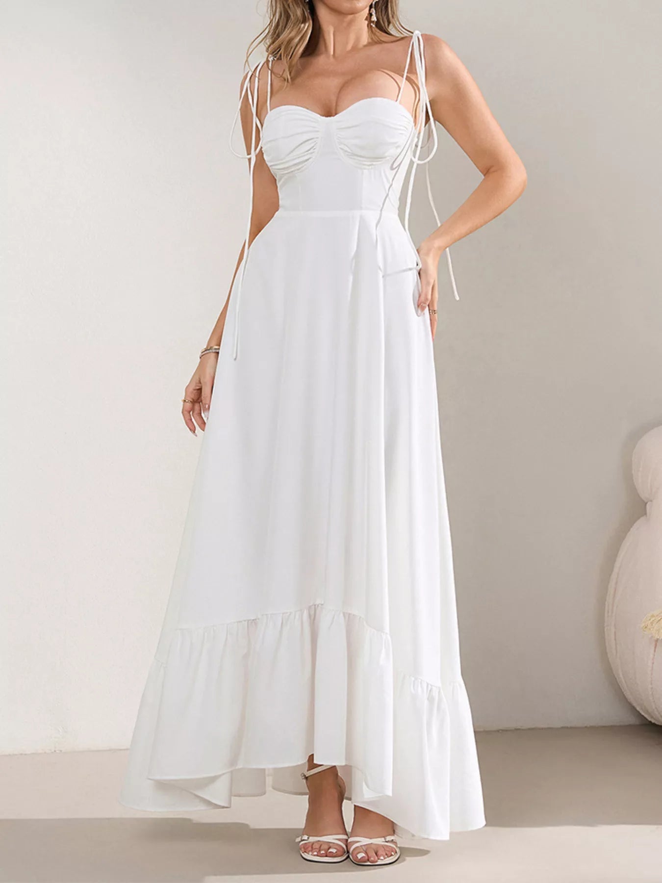 Sweetheart Neck Tie-Strap Ruffle Hem Maxi Dress - Lara Moda
