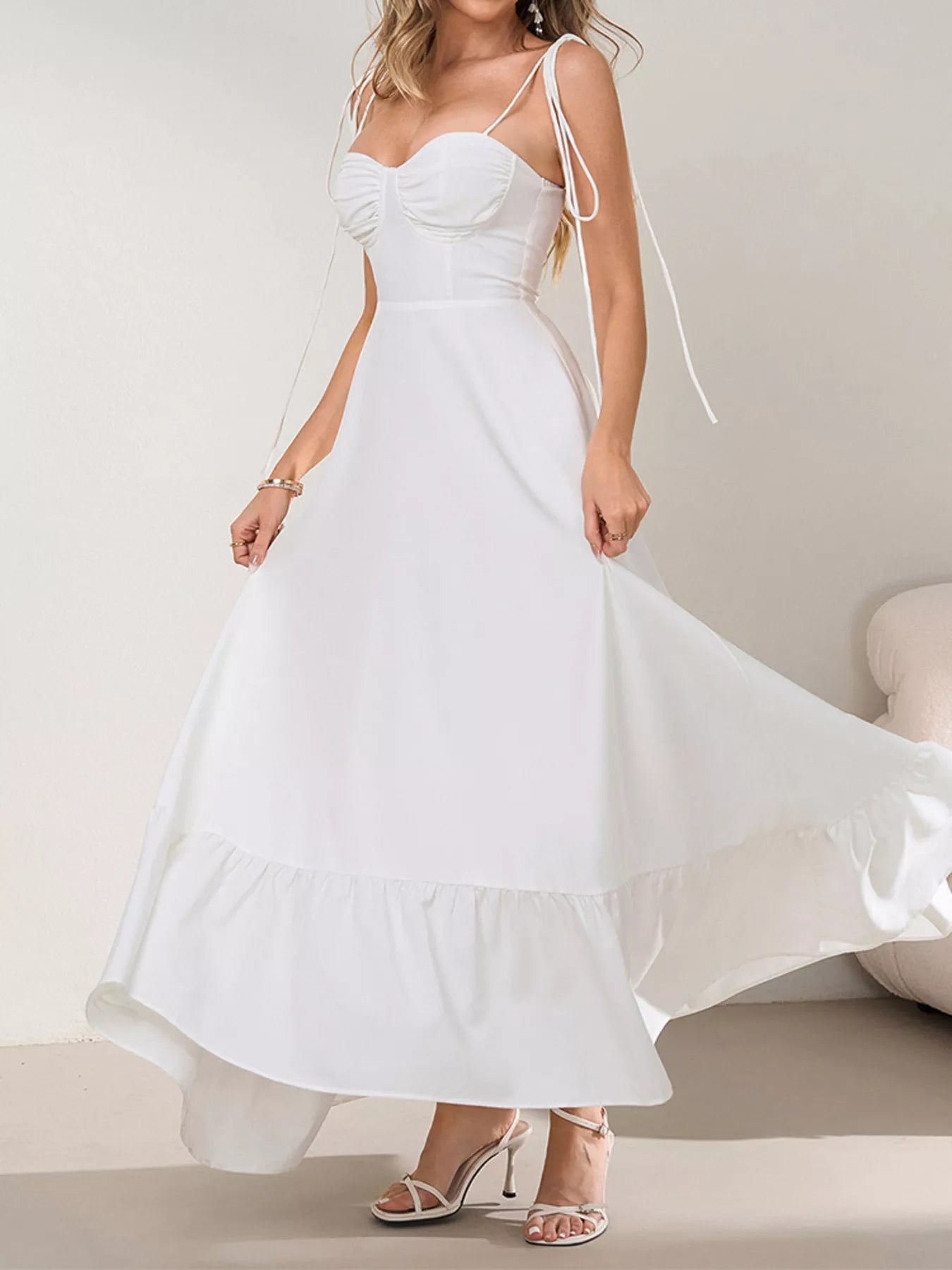 Sweetheart Neck Tie-Strap Ruffle Hem Maxi Dress - Lara Moda