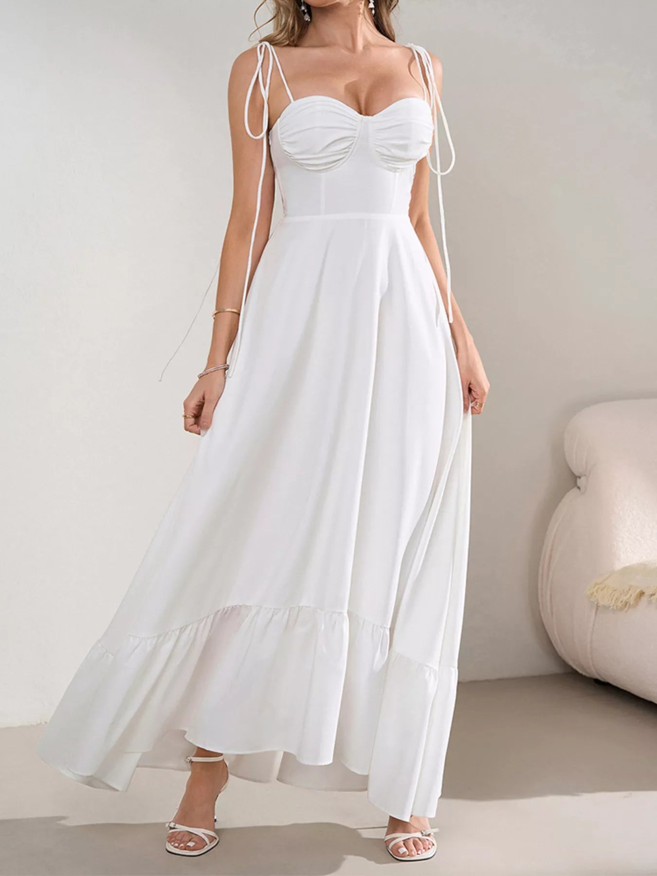 Sweetheart Neck Tie-Strap Ruffle Hem Maxi Dress - Lara Moda
