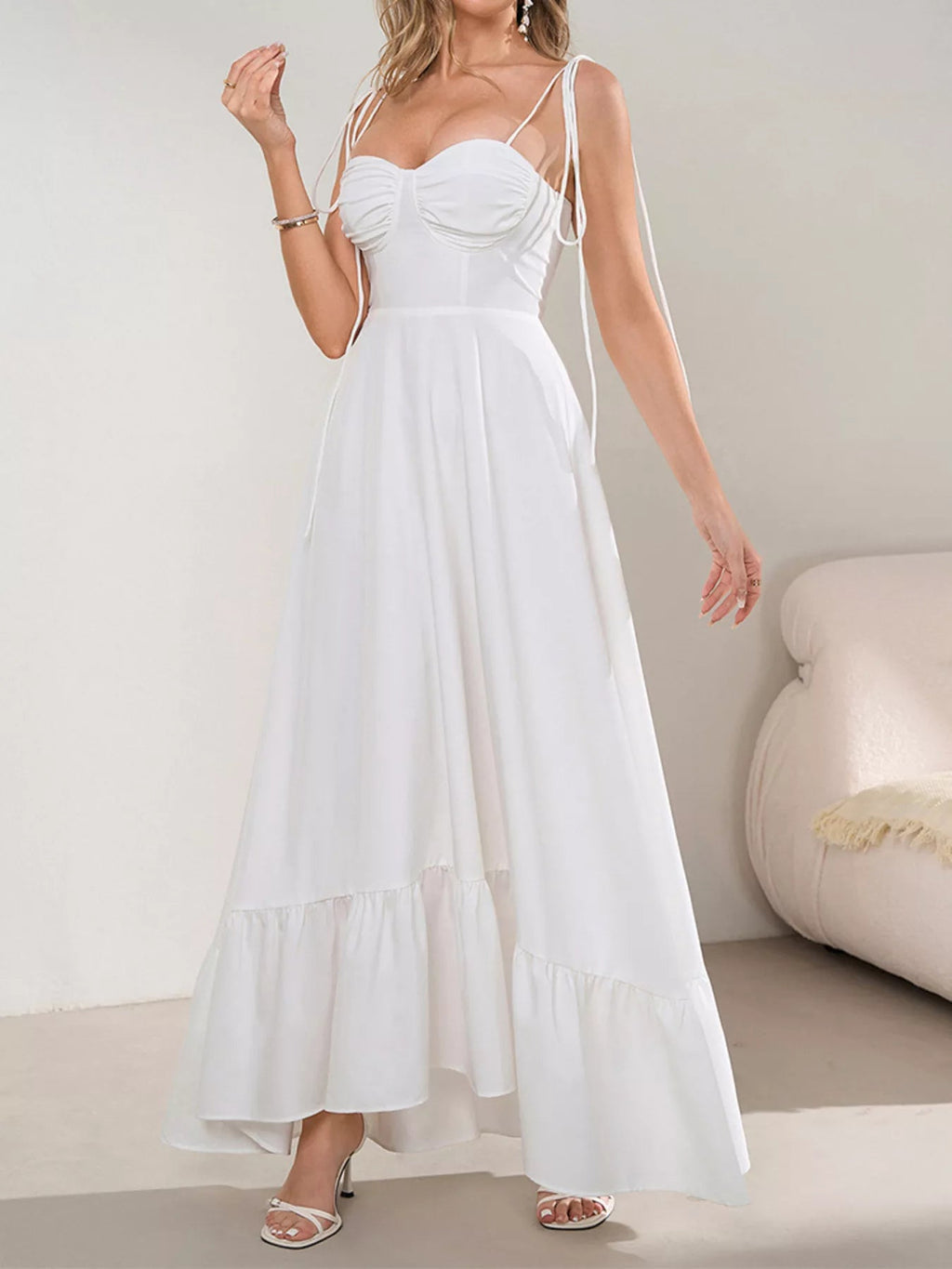 Sweetheart Neck Tie-Strap Ruffle Hem Maxi Dress - Lara Moda