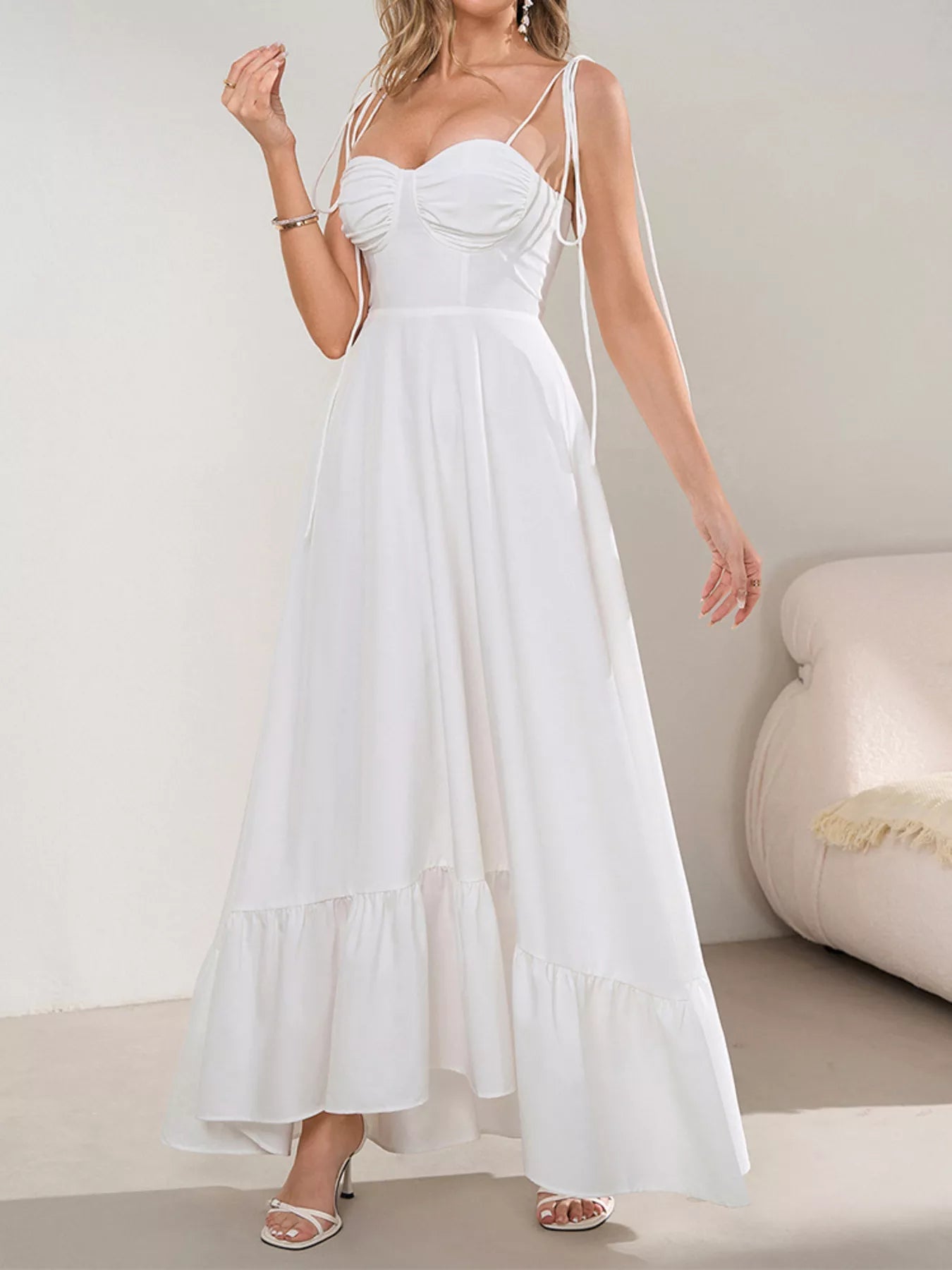 Sweetheart Neck Tie-Strap Ruffle Hem Maxi Dress - Lara Moda