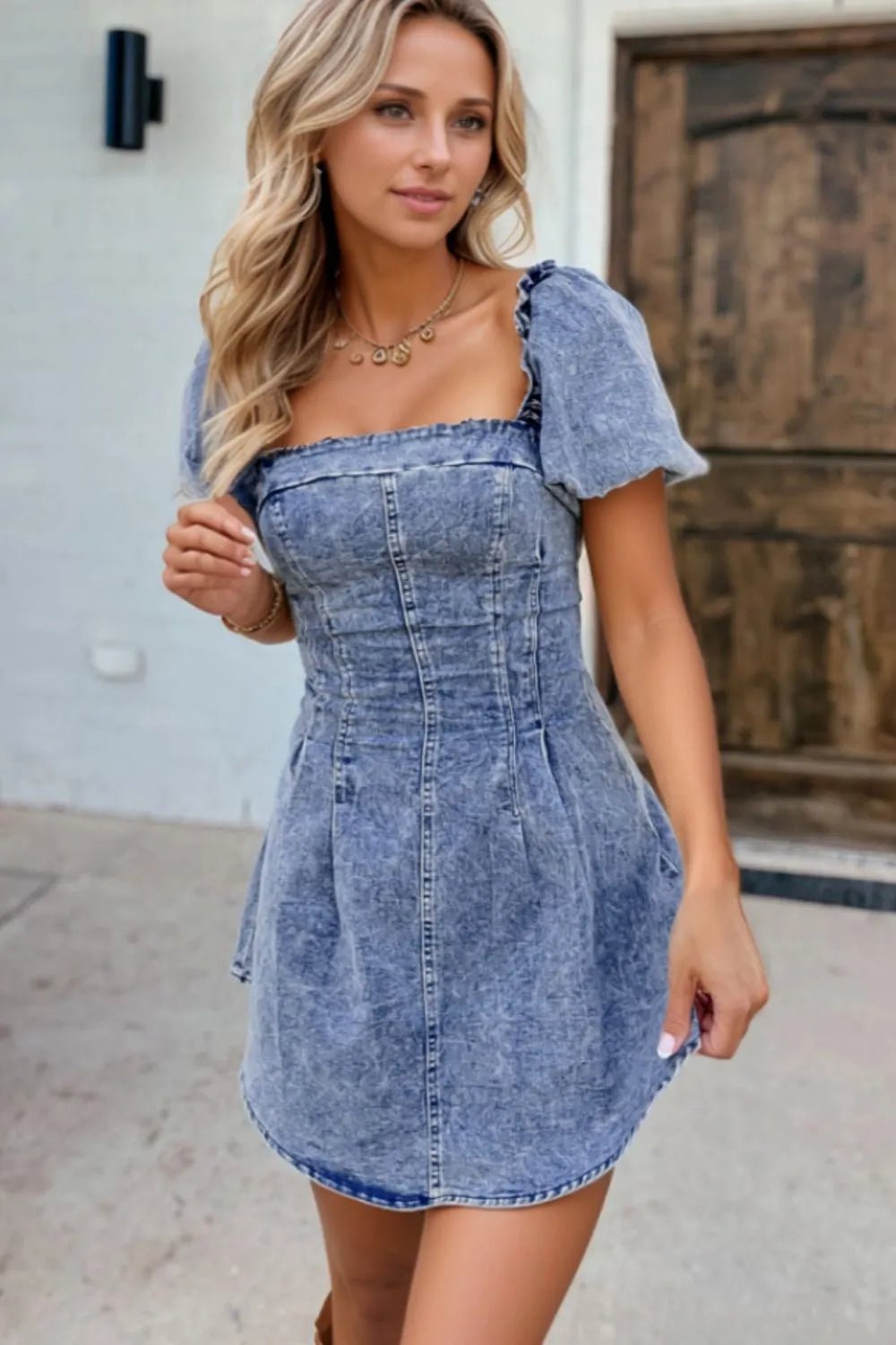 Tie Back Square Neck Puff Sleeve Denim Dress - Lara-moda store