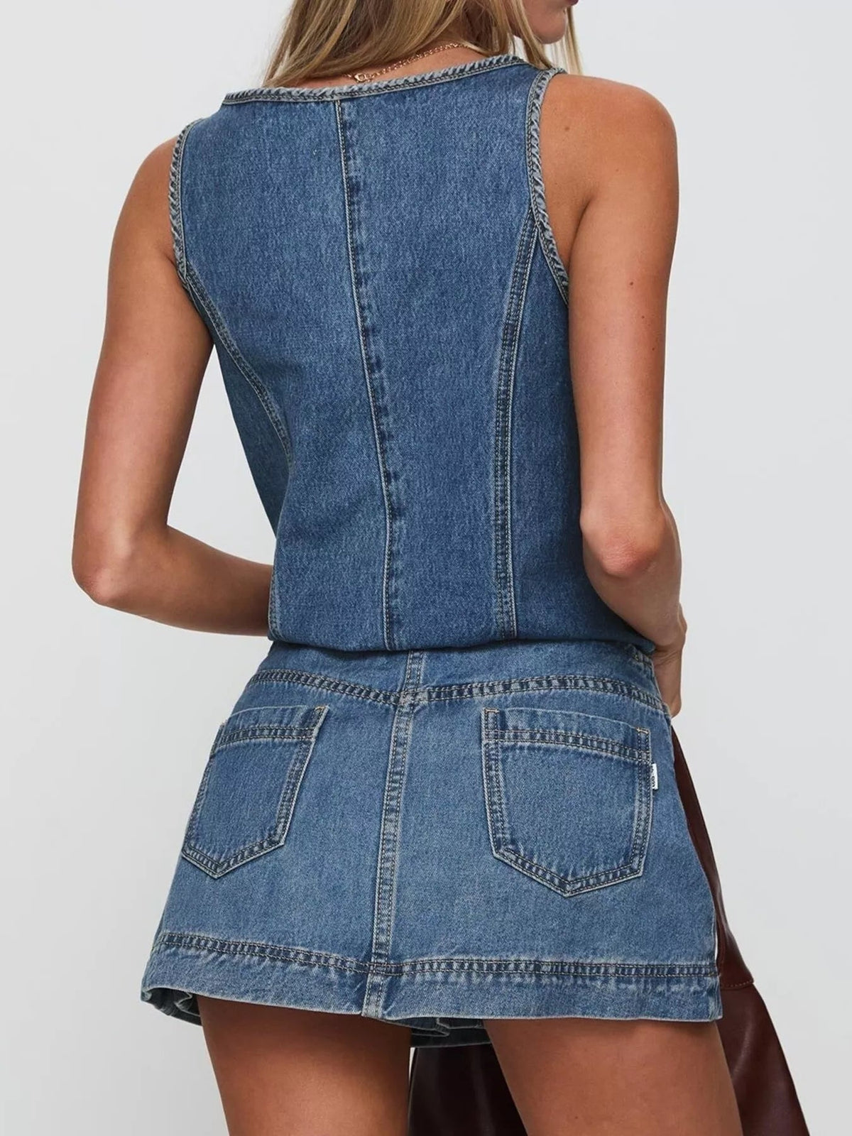 Tie-Front Tank and Skirt Denim Set - Lara-moda store