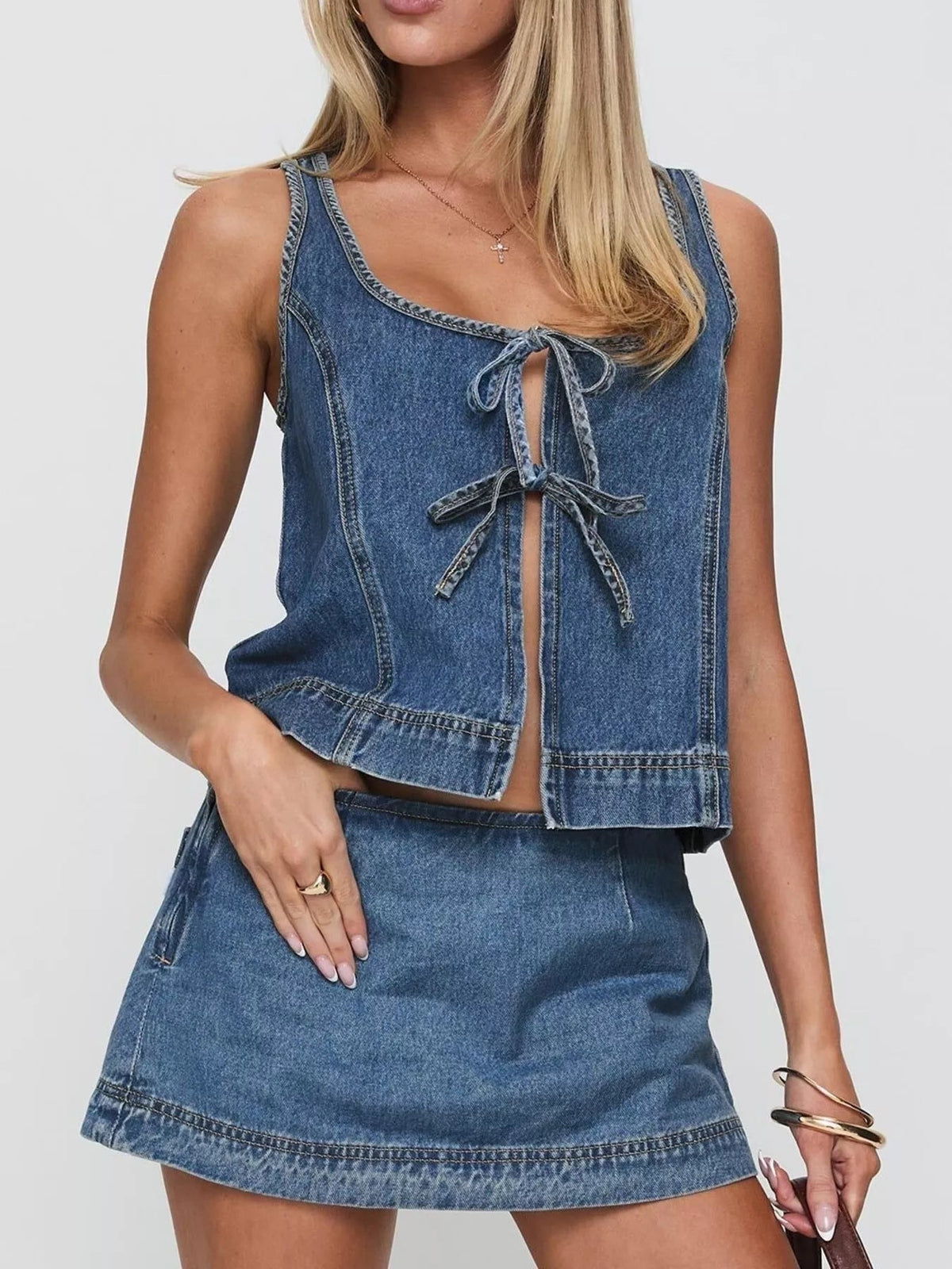 Tie-Front Tank and Skirt Denim Set - Lara-moda store