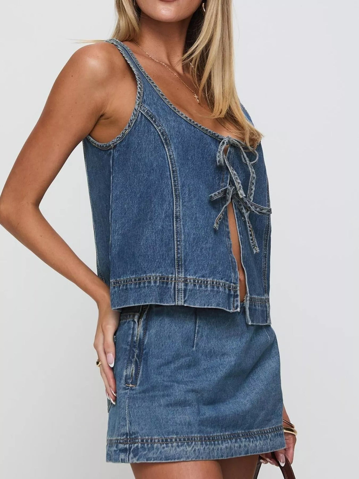 Tie-Front Tank and Skirt Denim Set - Lara-moda store
