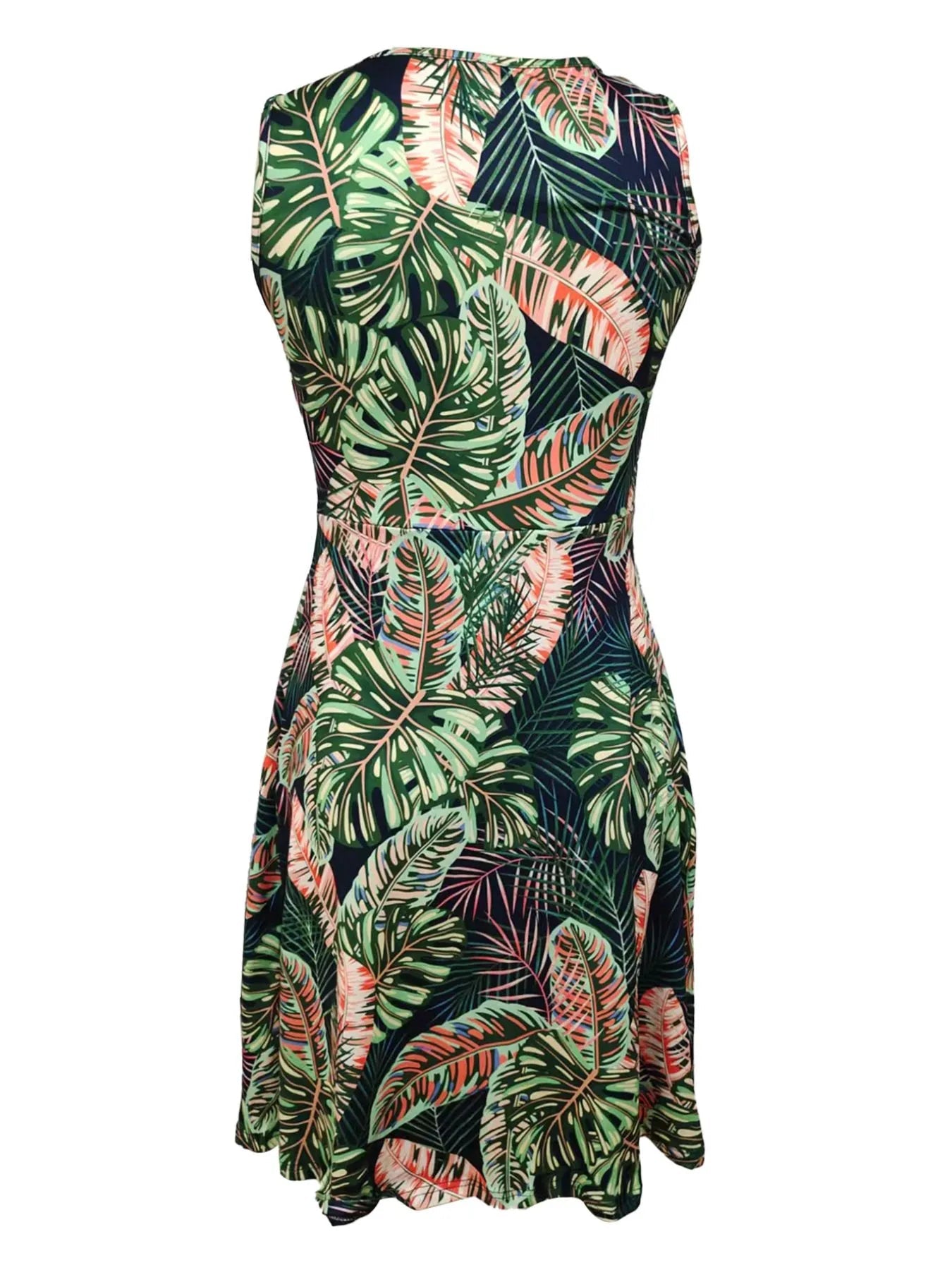Tropical Print V-Neck Sleeveless Summer Dress - Lara Moda