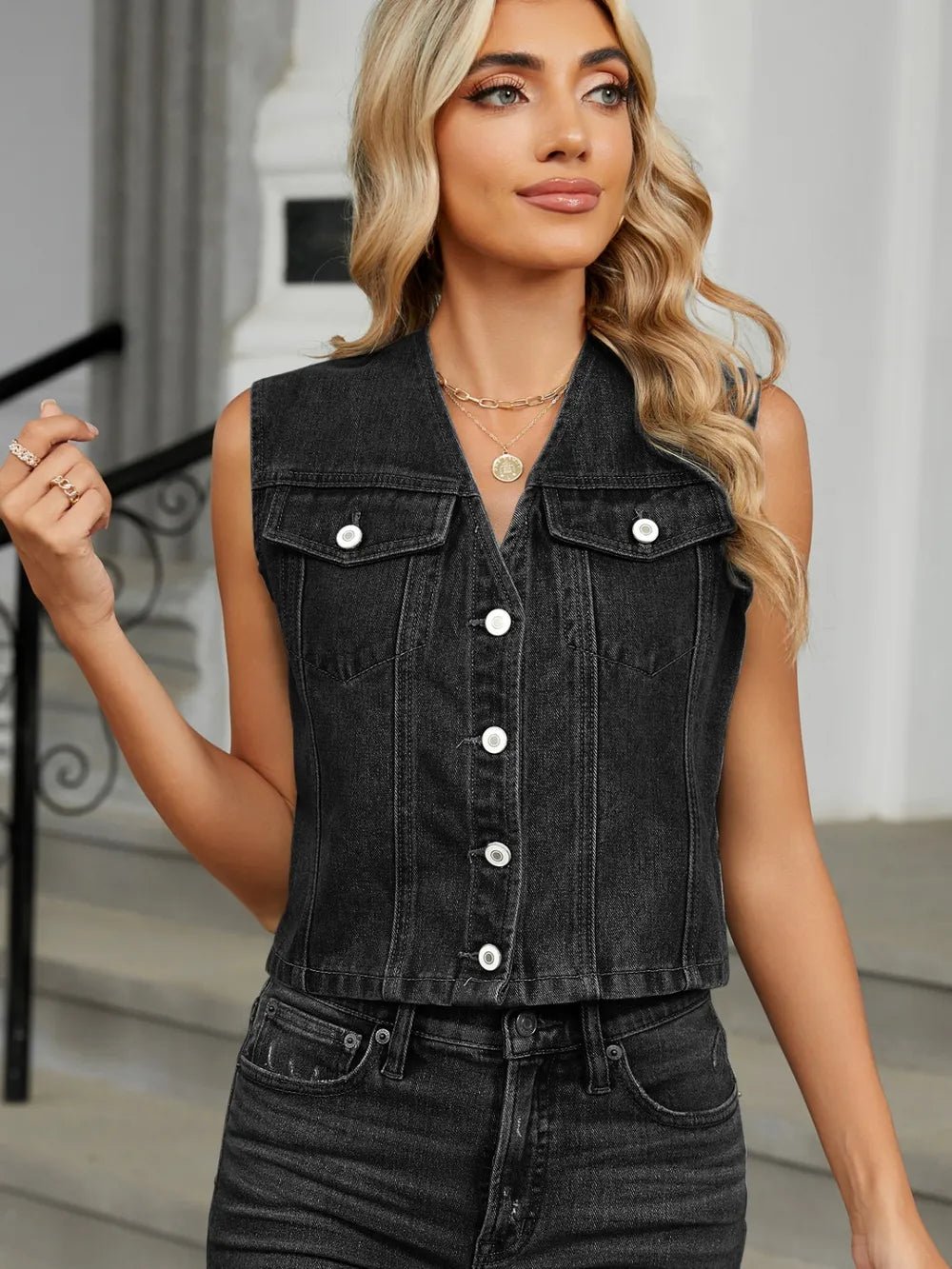 V-Neck Button Down Denim Vest - Lara-moda store