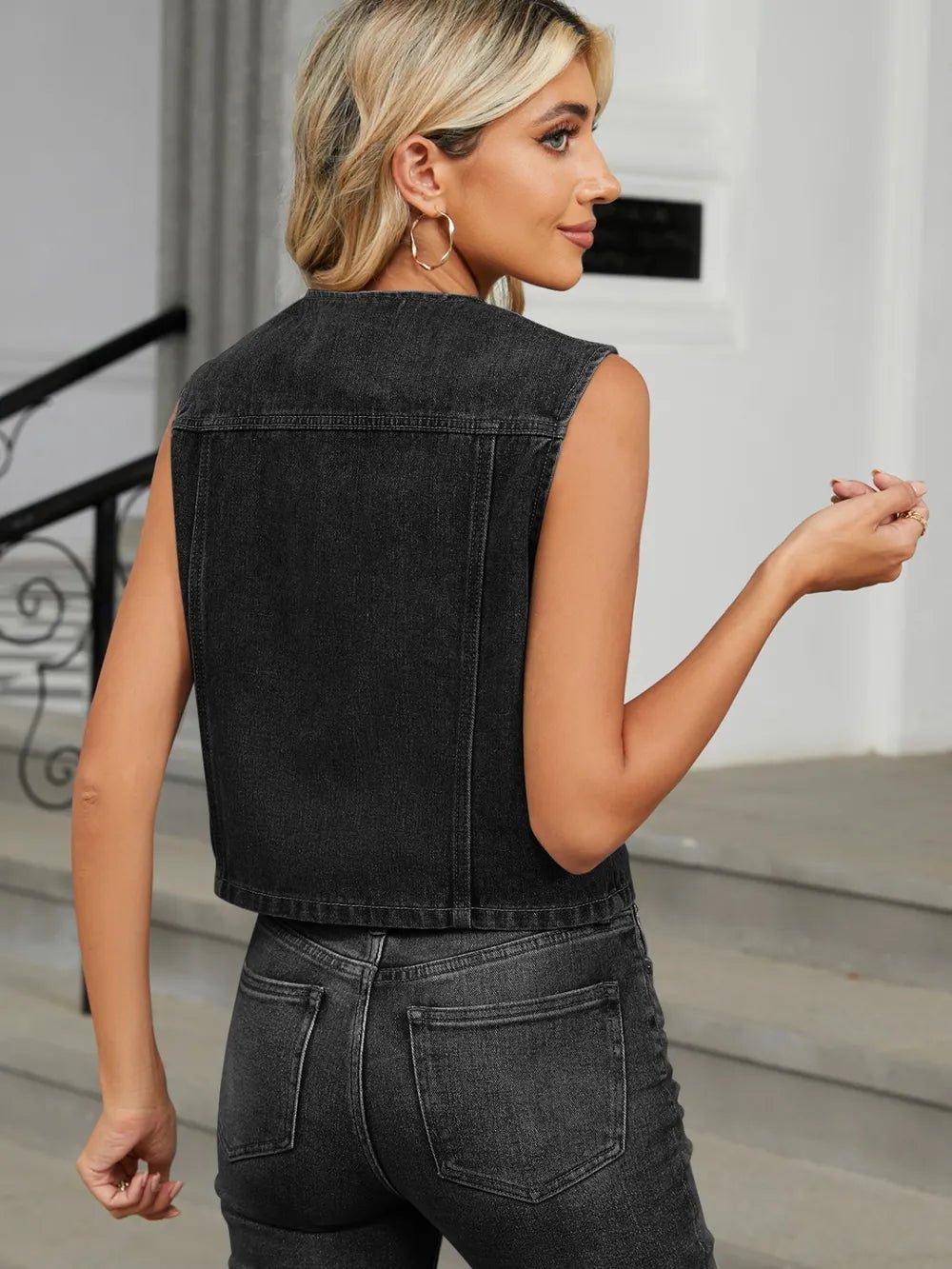 V-Neck Button Down Denim Vest - Lara-moda store