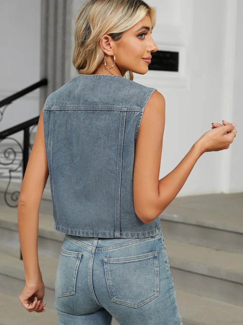 V-Neck Button Down Denim Vest - Lara-moda store