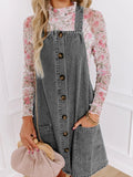 Wide Strap Button Down Denim Overall Dress - Lara Moda