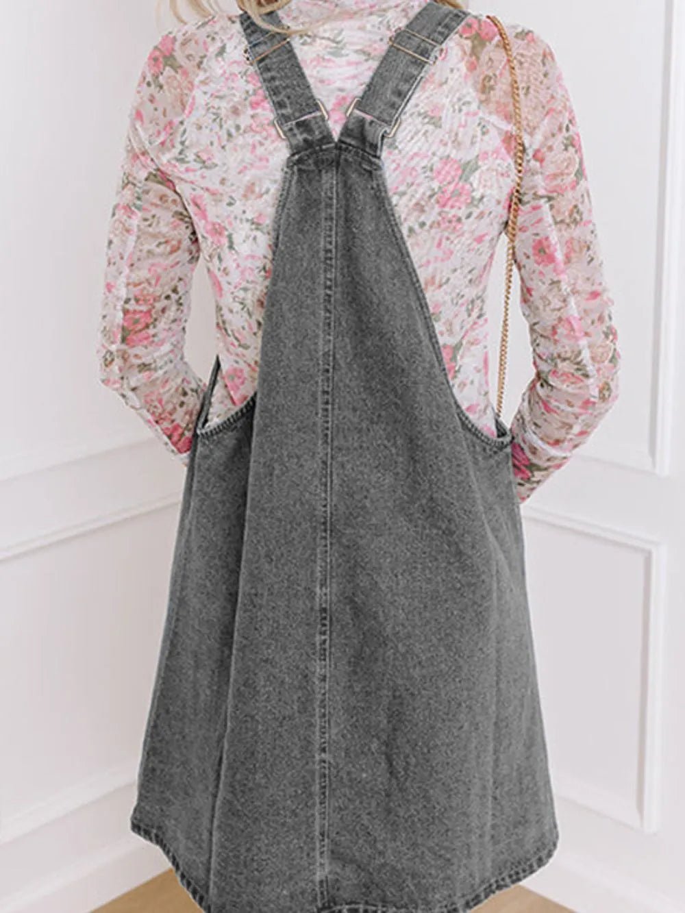 Wide Strap Button Down Denim Overall Dress - Lara Moda